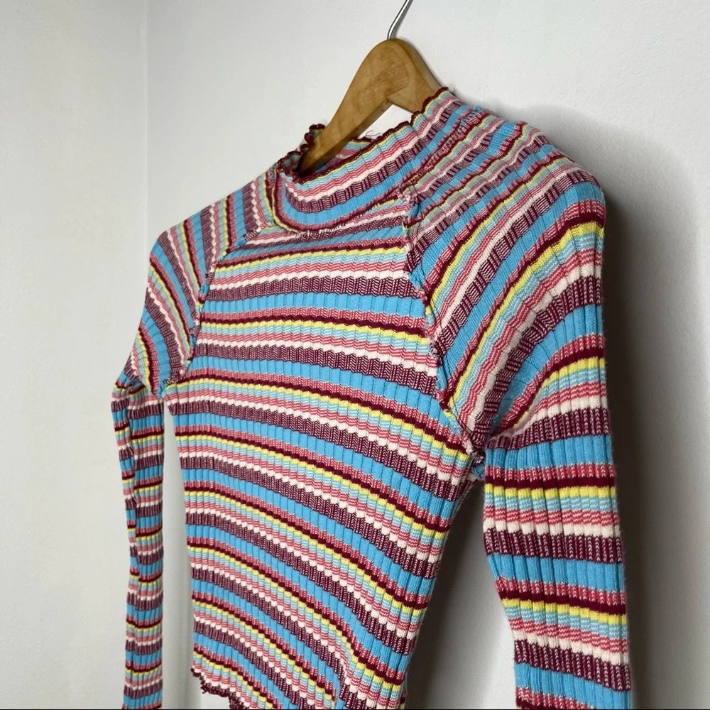 Free People Retro Mirror Blue Striped Mock Neck Ribbed Long Sleeve Crop Top Sz S - Picture 11 of 16